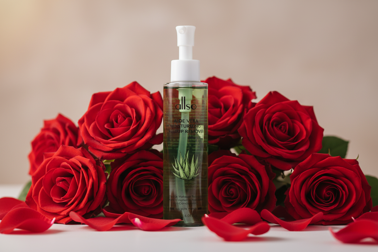 Allso makeup remover prominently displayed with red roses